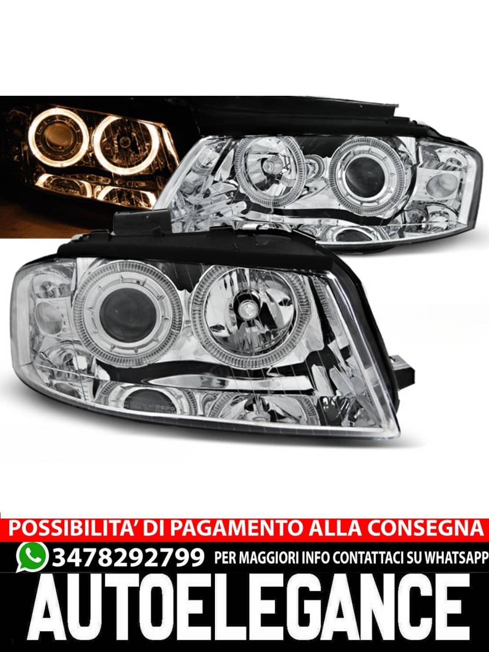 FARI ANTERIORI ANGEL EYES CROMATI per AUDI A3 8P 05.03-03.08