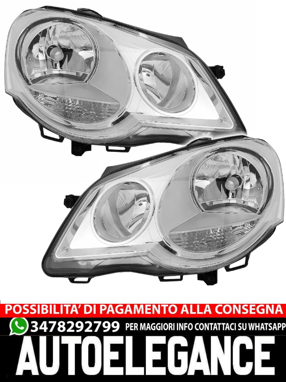 Set fari per VW Polo 9N 2005-12 H1 H7 LWR Attuatore cromato alogeno