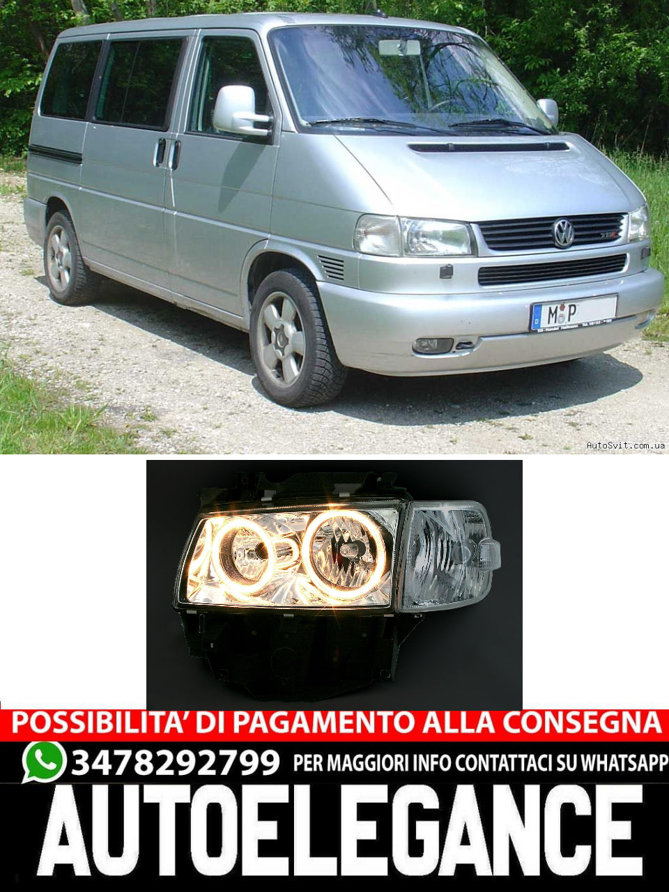 Angel Eyes Headlight for VW T4 96-03 Bus Multivan Front Long Black 