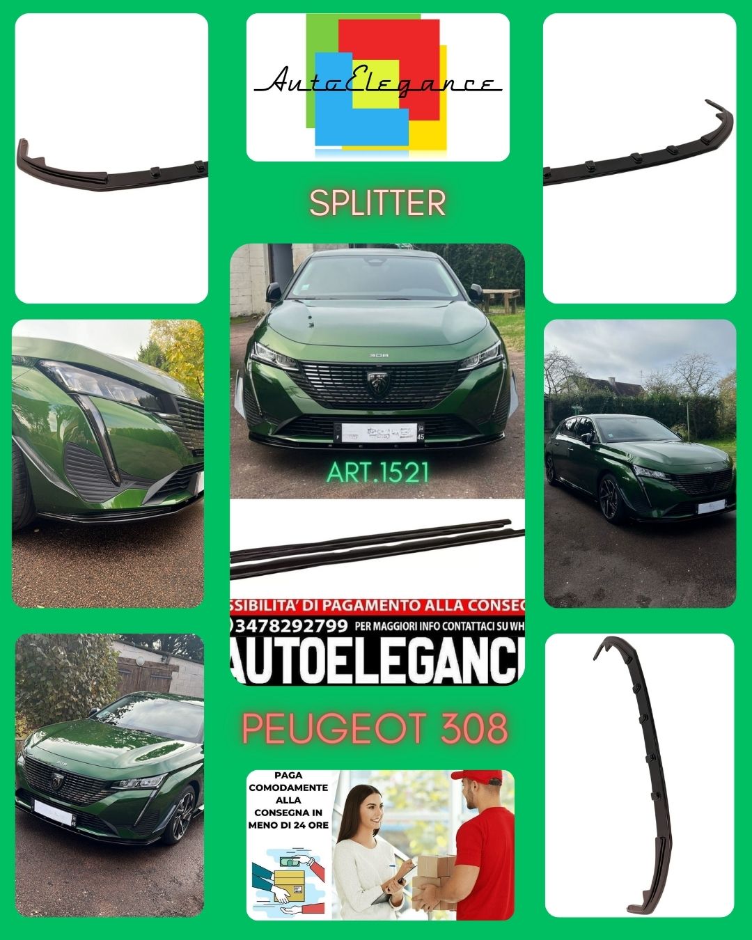 SPLITTER ANTERIORE ADATTO PER PEUGEOT 308 2021+ LOOK NERO LUCIDO DESIGN SPORTIVO
