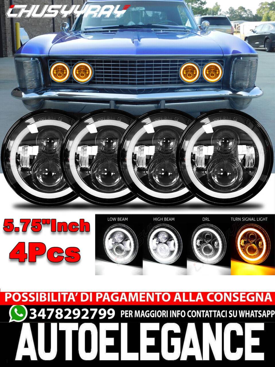 4PCS 5 3/4 "5,75pollici Fari A LED Rotondi Hi/Lo Beam Per Buick Riviera1963-1974