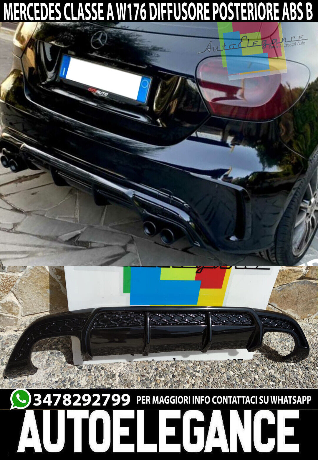 MERCEDES A-CLASS W176 REAR BUMPER DIFFUSER GLOSSY ABS AMG B - 04