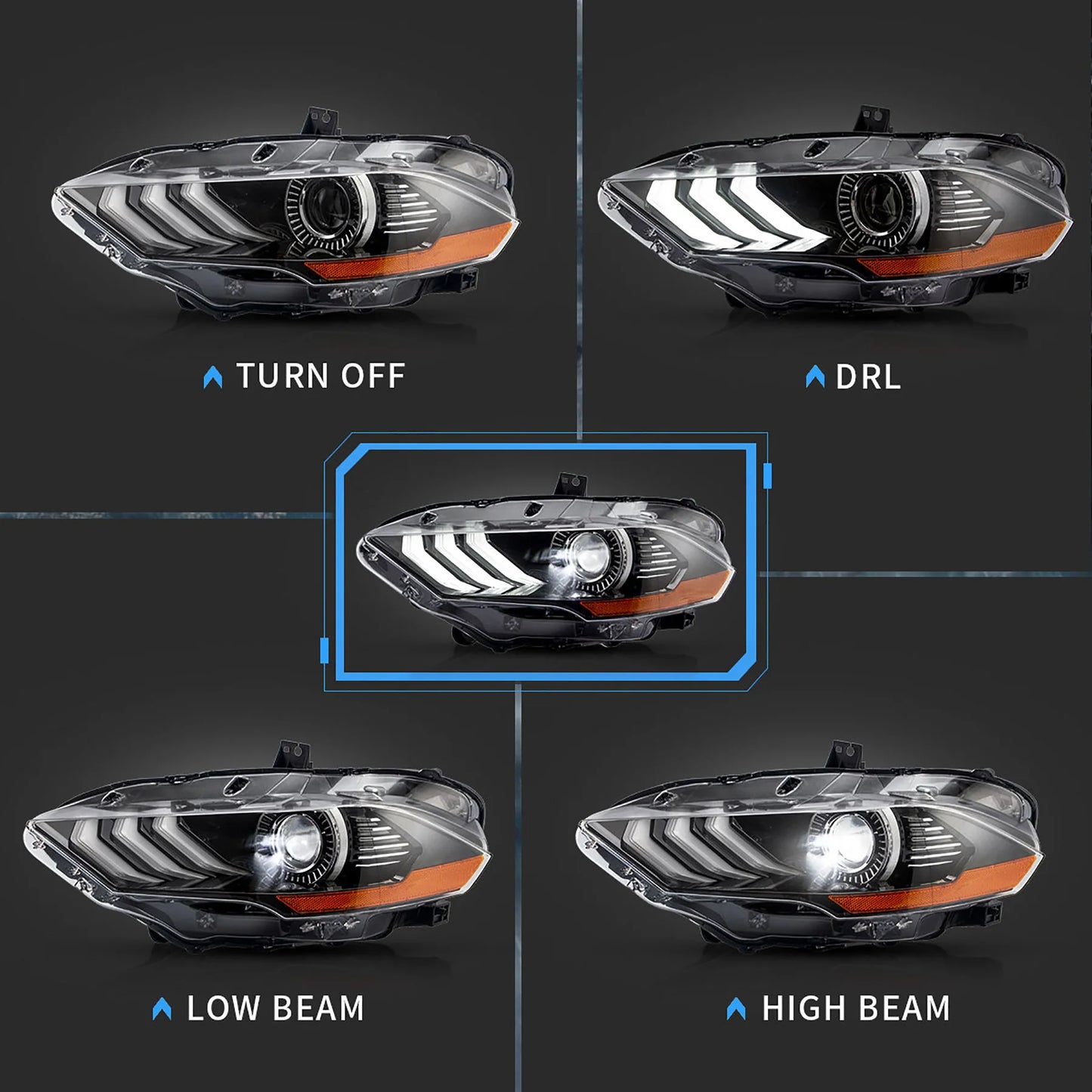 Gruppo proiettori Full LED e Dual Beam per Ford Mustang 2018 2019 2020 con fari ad animazione sequenziale e dinamica