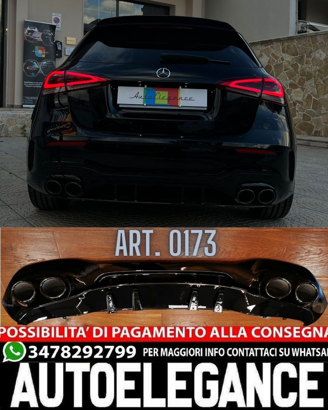 💎DIFFUSORE POSTERIORE PER MERCEDES A W177 AMG SOTTO TERMINALI NERI A45S💎