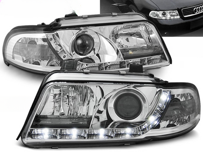 FARI ANTERIORI DAYLIGHT CHROME ADATTI COMPATIBILI PER AUDI A4 01.99-09.00
