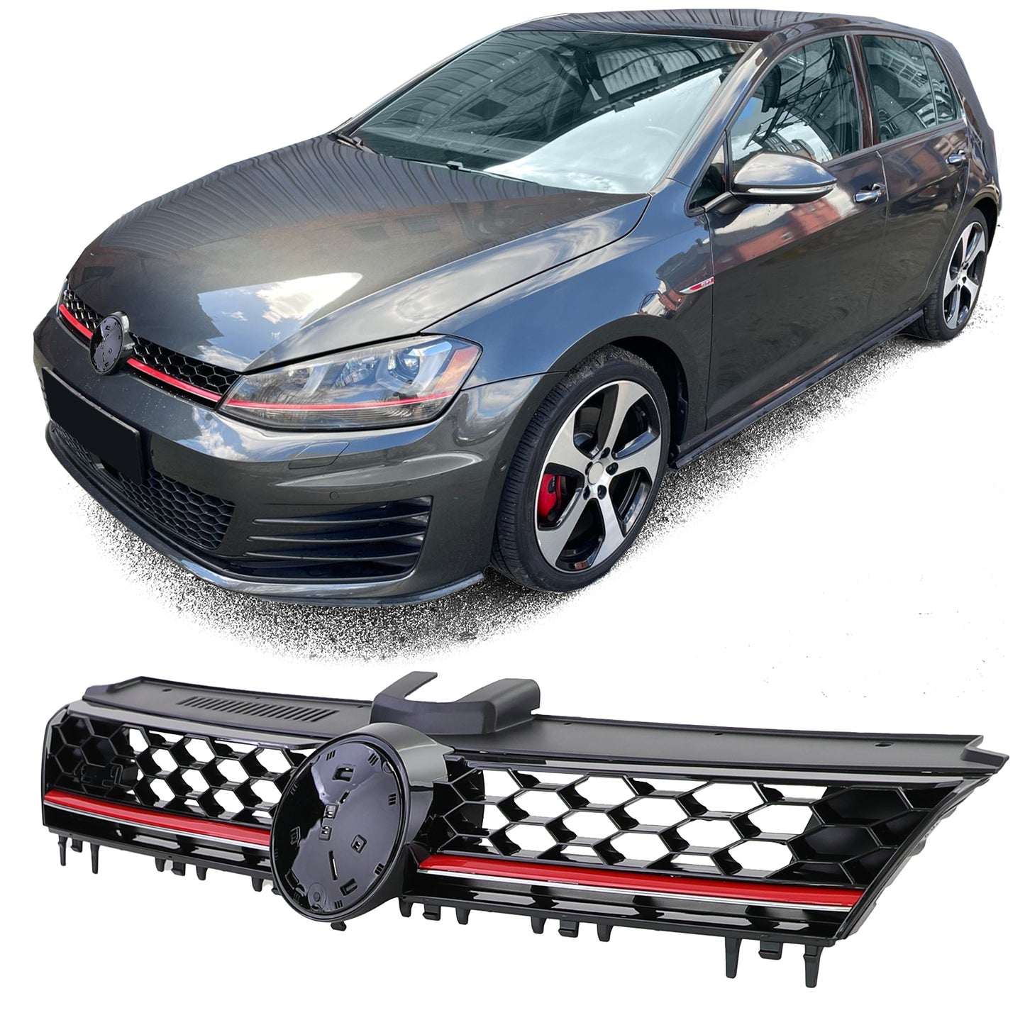 Gloss Black Honeycomb Sport Grille with Red Stripe for VW Golf 7 12-17 GTI
