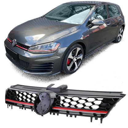 Gloss Black Honeycomb Sport Grille with Red Stripe for VW Golf 7 12-17 GTI