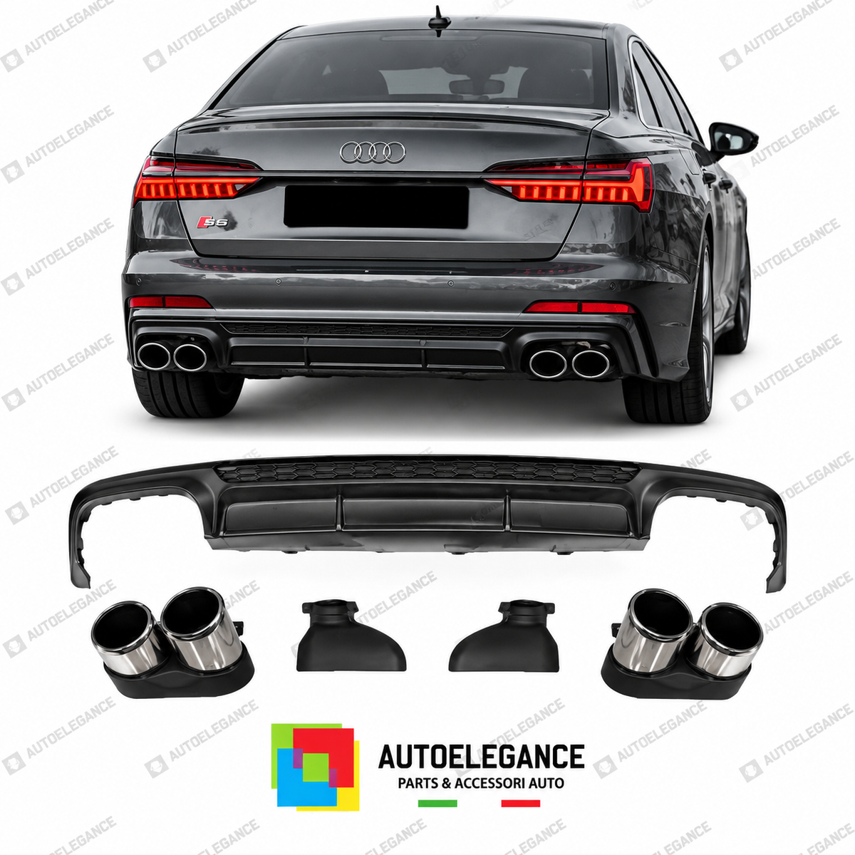 DIFFUSORE AUDI A6 S LINE 18-22 LOOK S6 + TERMINALI DI SCARICO CROMATI
