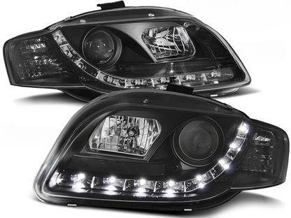 FARI ANTERIORI DAYLIGHT NERO ADATTI COMPATIBILI PER AUDI A4 B7 11.04-03.08