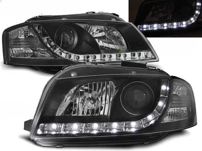 FARI ANTERIORI DAYLIGHT NERO ADATTI COMPATIBILI per AUDI A3 8P 05.03-03.08