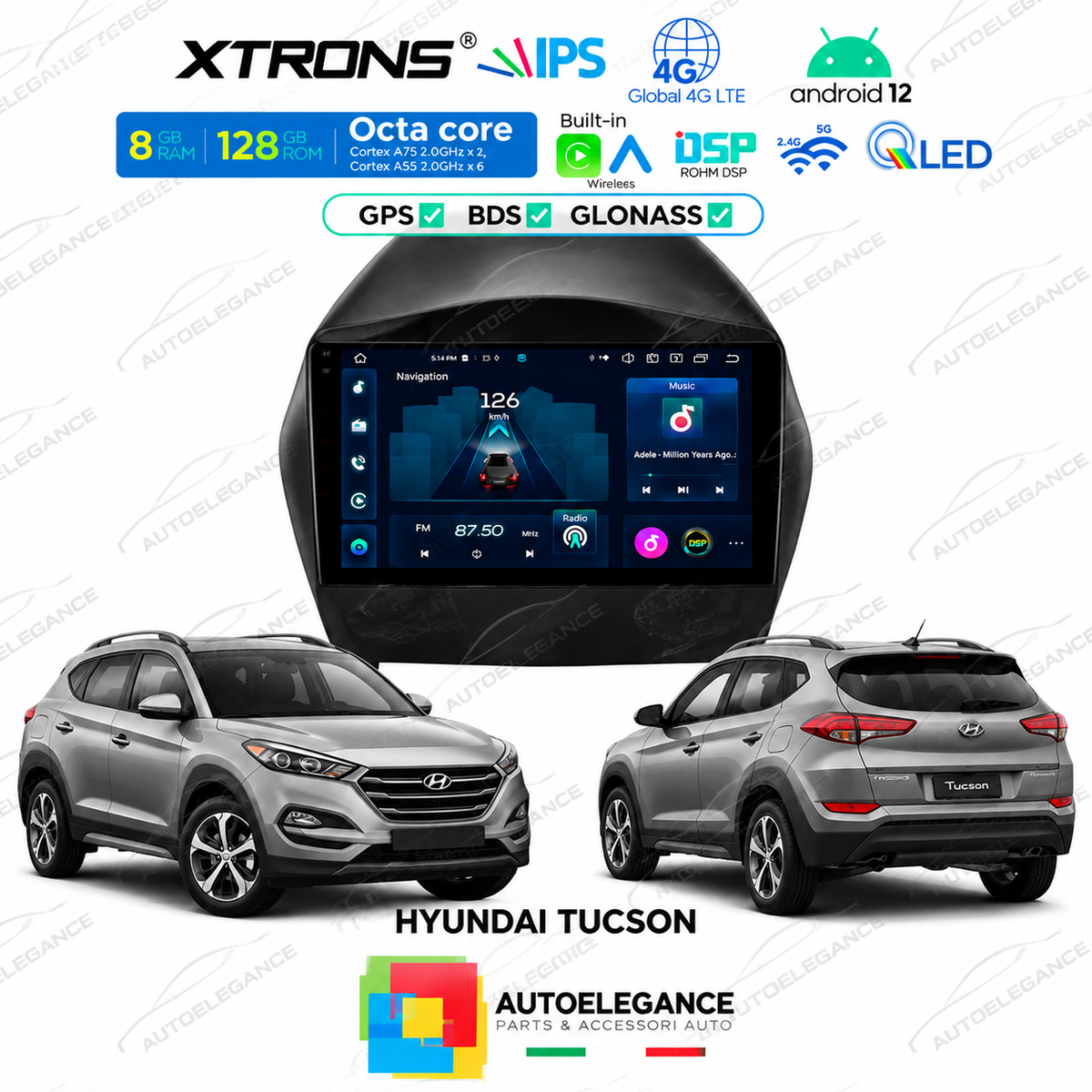 9'' QLED FULL HD 128GB GPS ANDROID CARPLAY DSP USB ADATTO PER TUCSON
