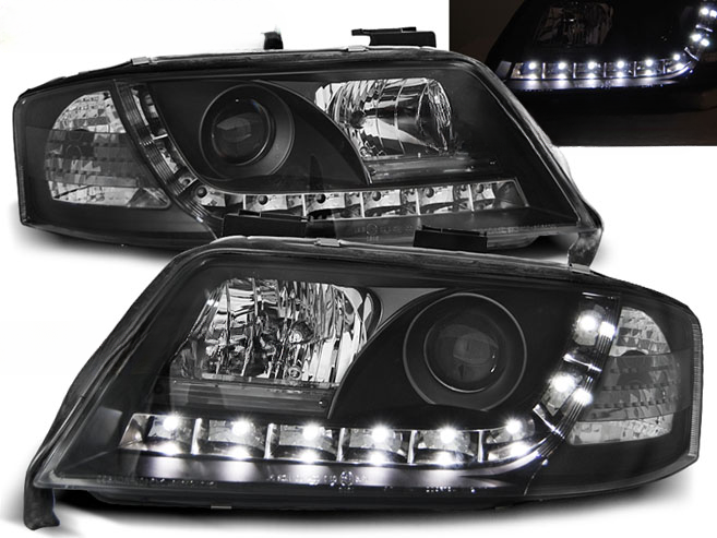 FARI ANTERIORI DAYLIGHT NERO ADATTI per AUDI A6 06.01-05.04