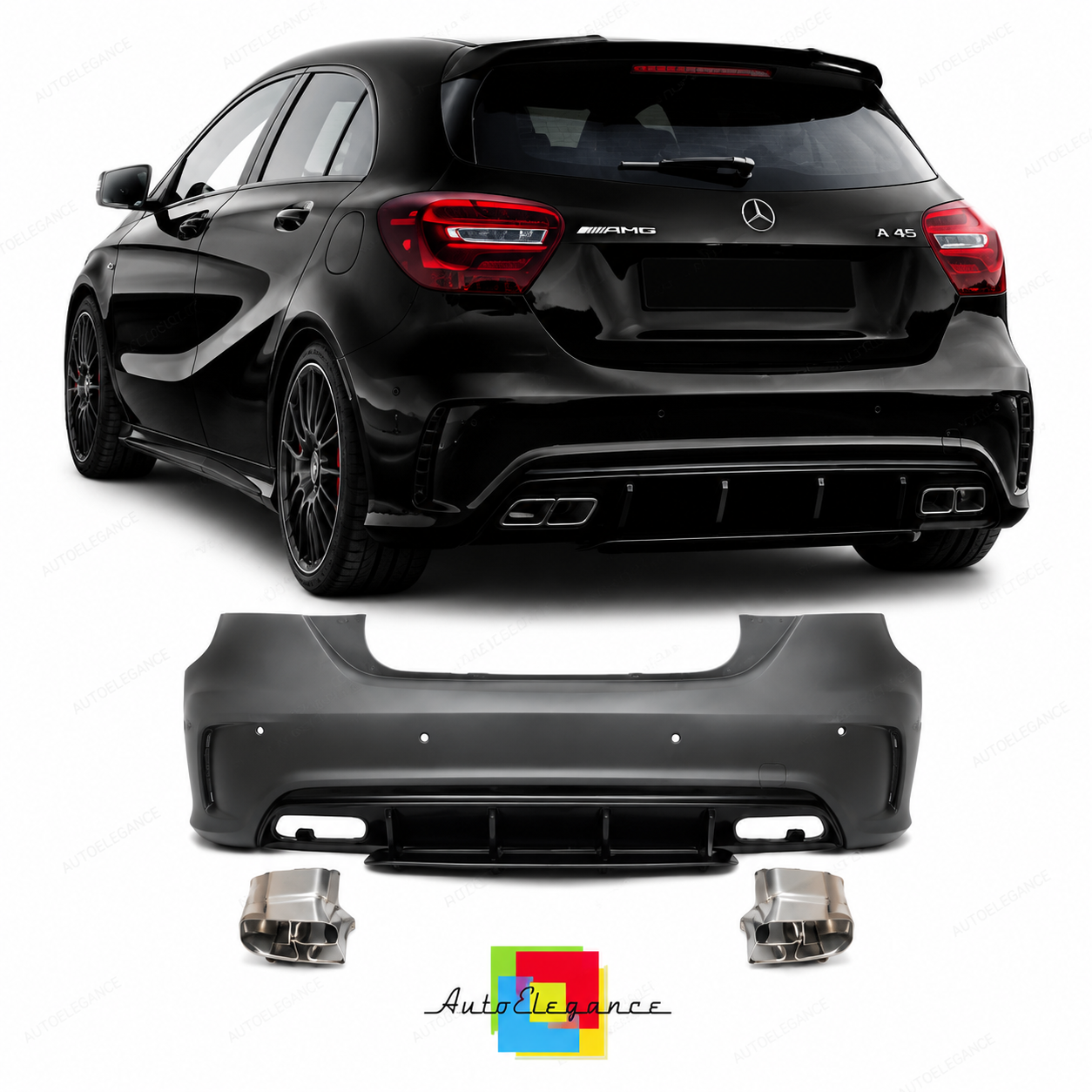 💕PARAURTI POSTERIORE MERCEDES CLASSE A W176 A45 12-18 LOOK AMG + TERMINALI💕