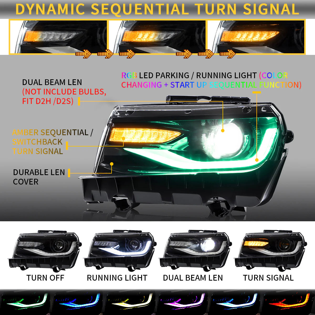 RGB Dual Beam Headlights for Chevy Camaro 2014 2015 with Sequential Amber Color, Multicolor DRL 