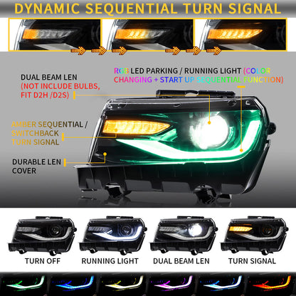 RGB Dual Beam Headlights for Chevy Camaro 2014 2015 with Sequential Amber Color, Multicolor DRL 