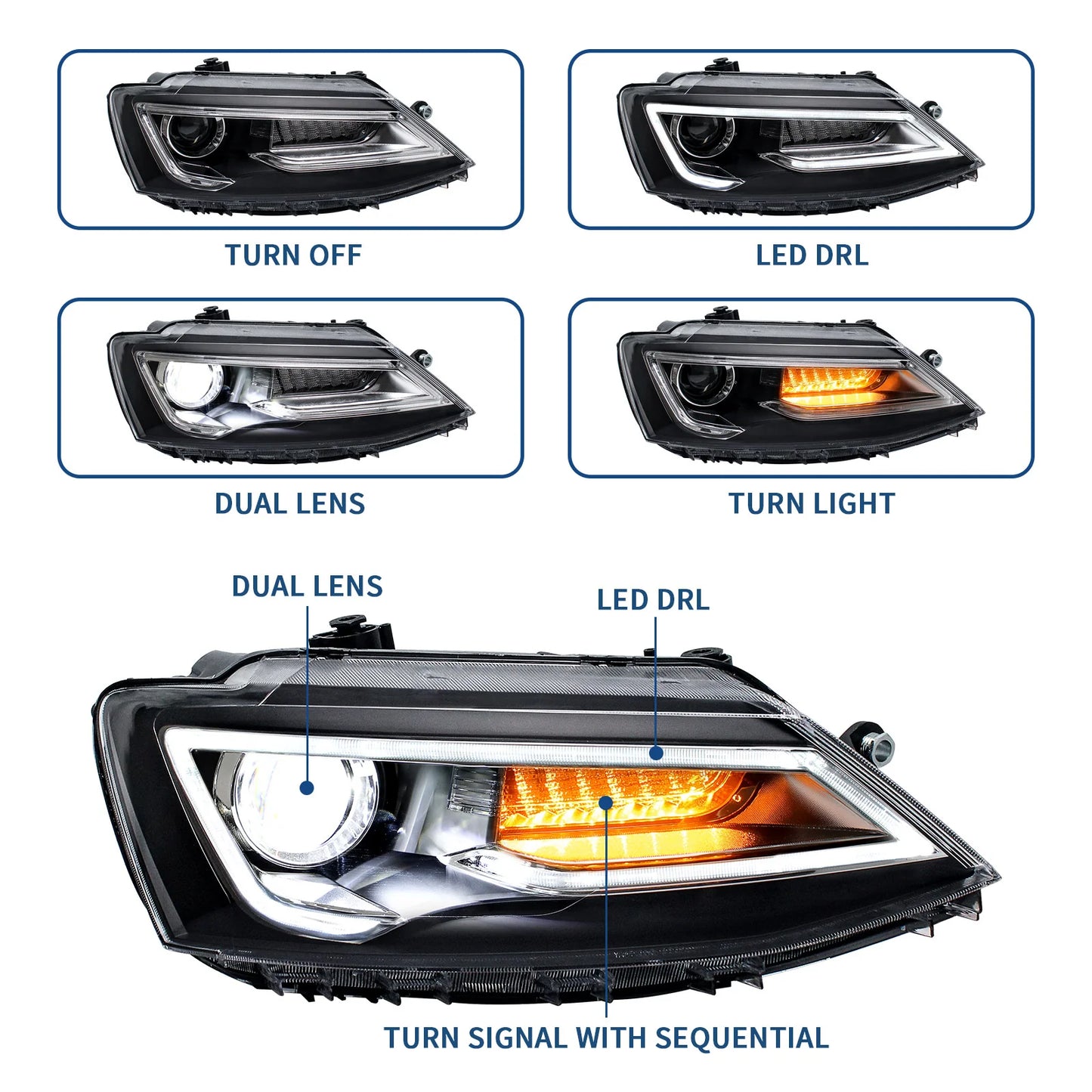 Double Beam Headlights for Volkswagen Jetta / Sagitar (NOT GLI) 2012-2018 (Bulbs Not Included) 