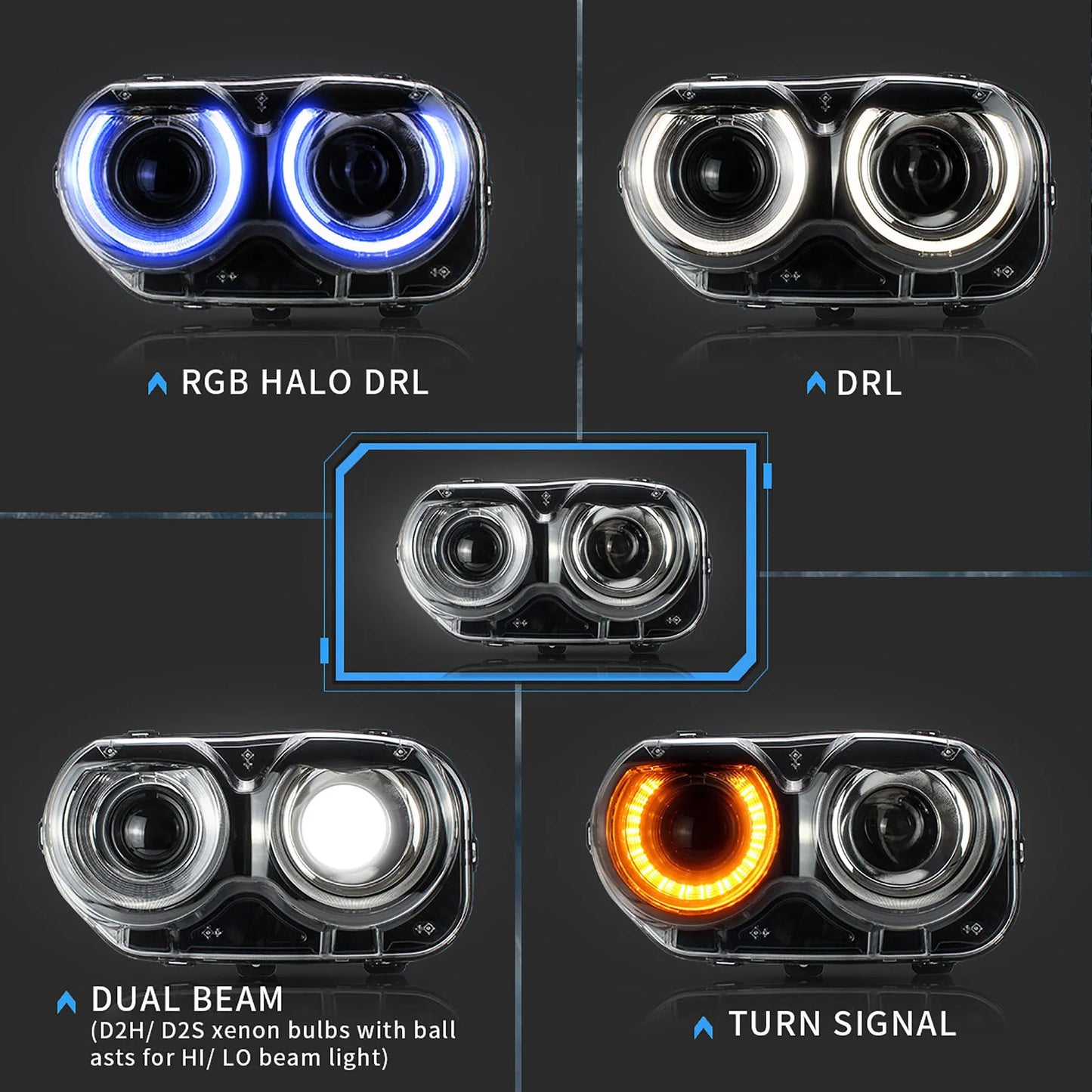 Fari LED Dual Beam/RGB per Dodge Challenger 2015-2019 (lampadine non incluse)