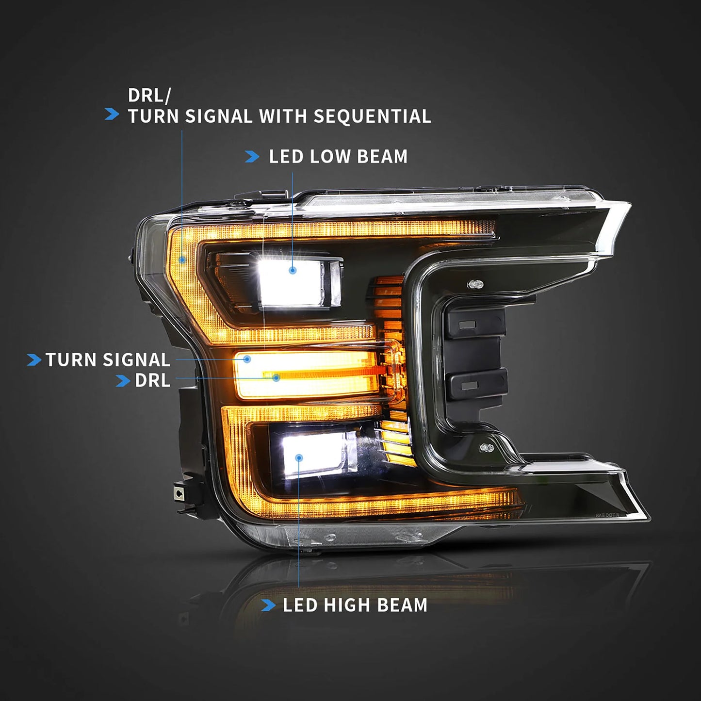 Full LED Headlights for Ford F150 2017 Onwards (Black &amp; Chrome Edition with Sequential Direction Indicators)