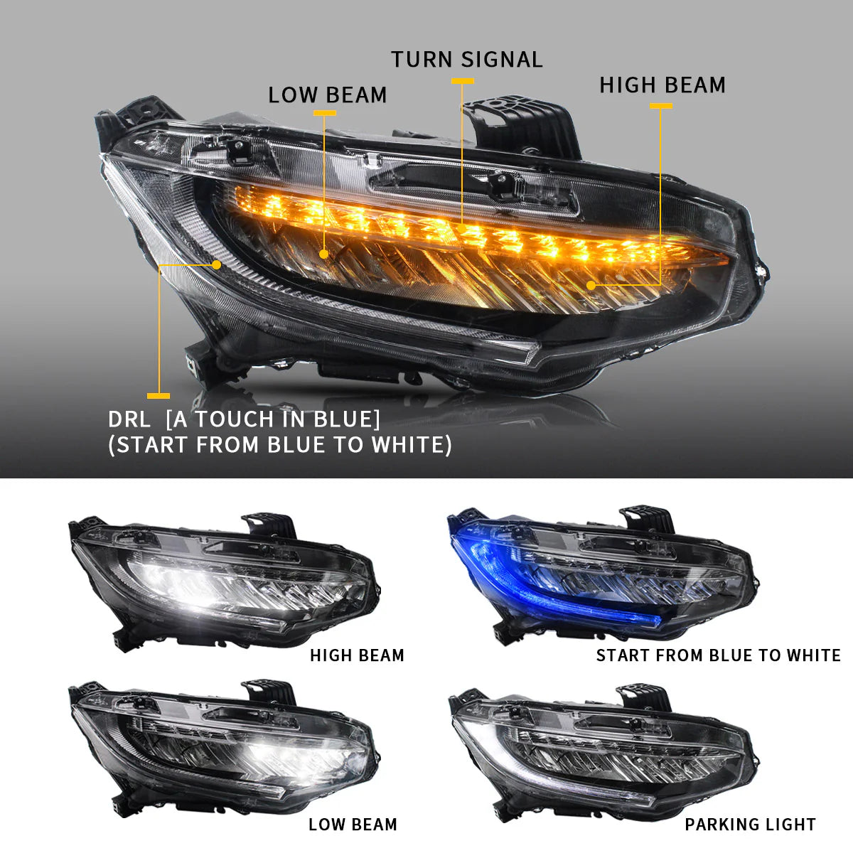 Full LED Headlights for Honda Civic 2016-2021 with Sequential Indicators 