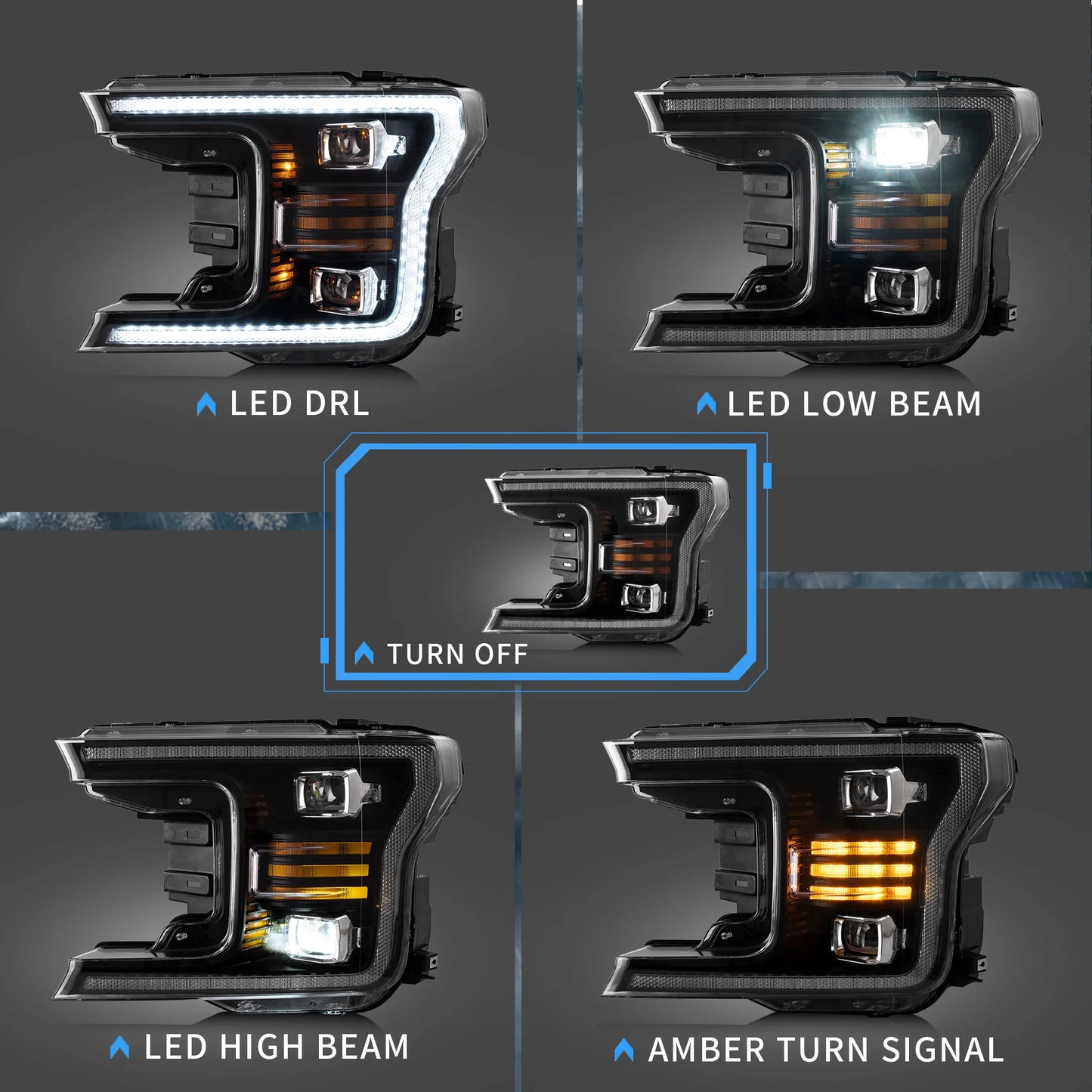 Full LED Headlights for Ford F150 2017 Onwards (Black &amp; Chrome Edition with Sequential Direction Indicators)