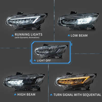 1 coppia di fari a LED per Honda Civic Sedan / Coupe / Hatchback / Type R di decima generazione 2016-2021 (magazzino USA)