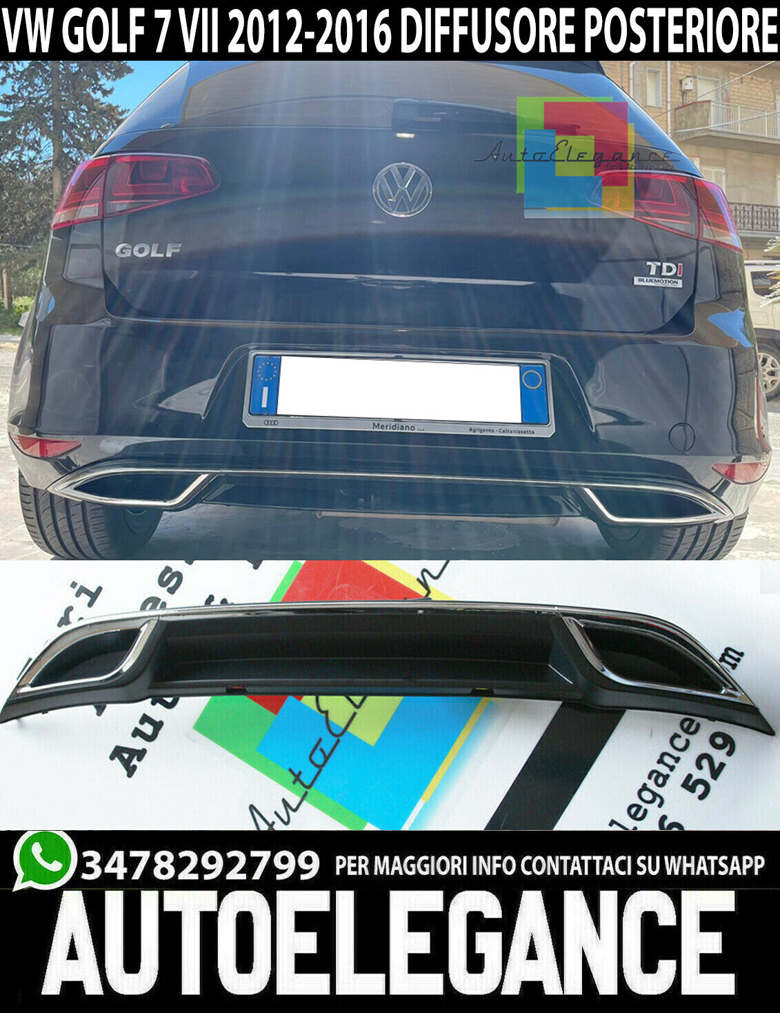 VW GOLF 7 DAL 2012-2016 DIFFUSORE POSTERIORE SOTTO PARAURTI LOOK 7.5 PLASTIC ABS