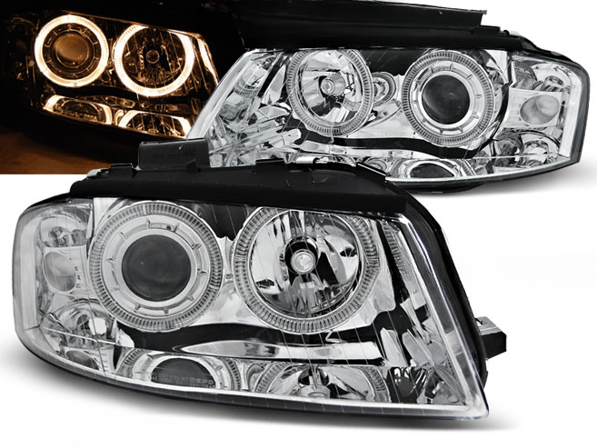 FARI ANTERIORI ANGEL EYES CROMATI per AUDI A3 8P 05.03-03.08
