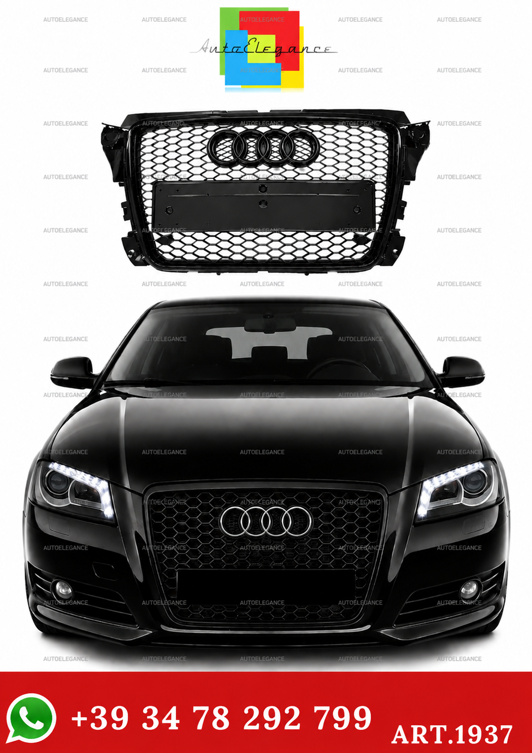 💫ART.1937 GRIGLIA ADATTO PER AUDI  A3 8P 2008-2012 LOOK RS3 NERO LUCIDO💫
