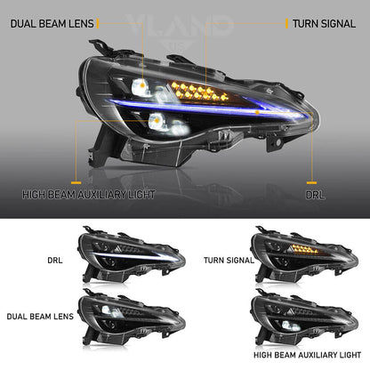 Fari a LED per Scion FR-S 2013-2016, Toyota 86 2017-2020, Subaru BRZ 2013-2020, dinamici fumé con animazione di avvio