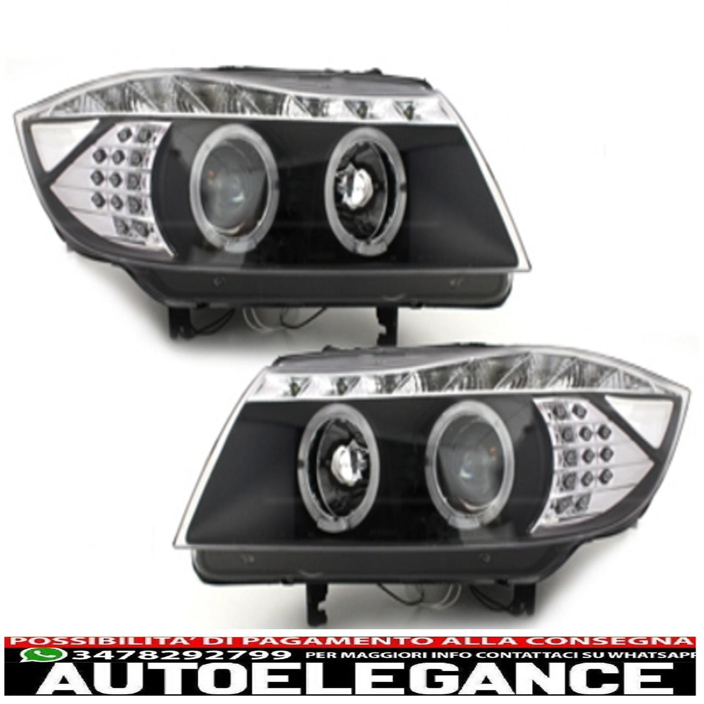 dayline headlights suitable for bmw e90 e91 05+ 2 halo rims drl led optics black