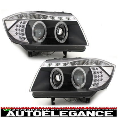 dayline headlights suitable for bmw e90 e91 05+ 2 halo rims drl led optics black
