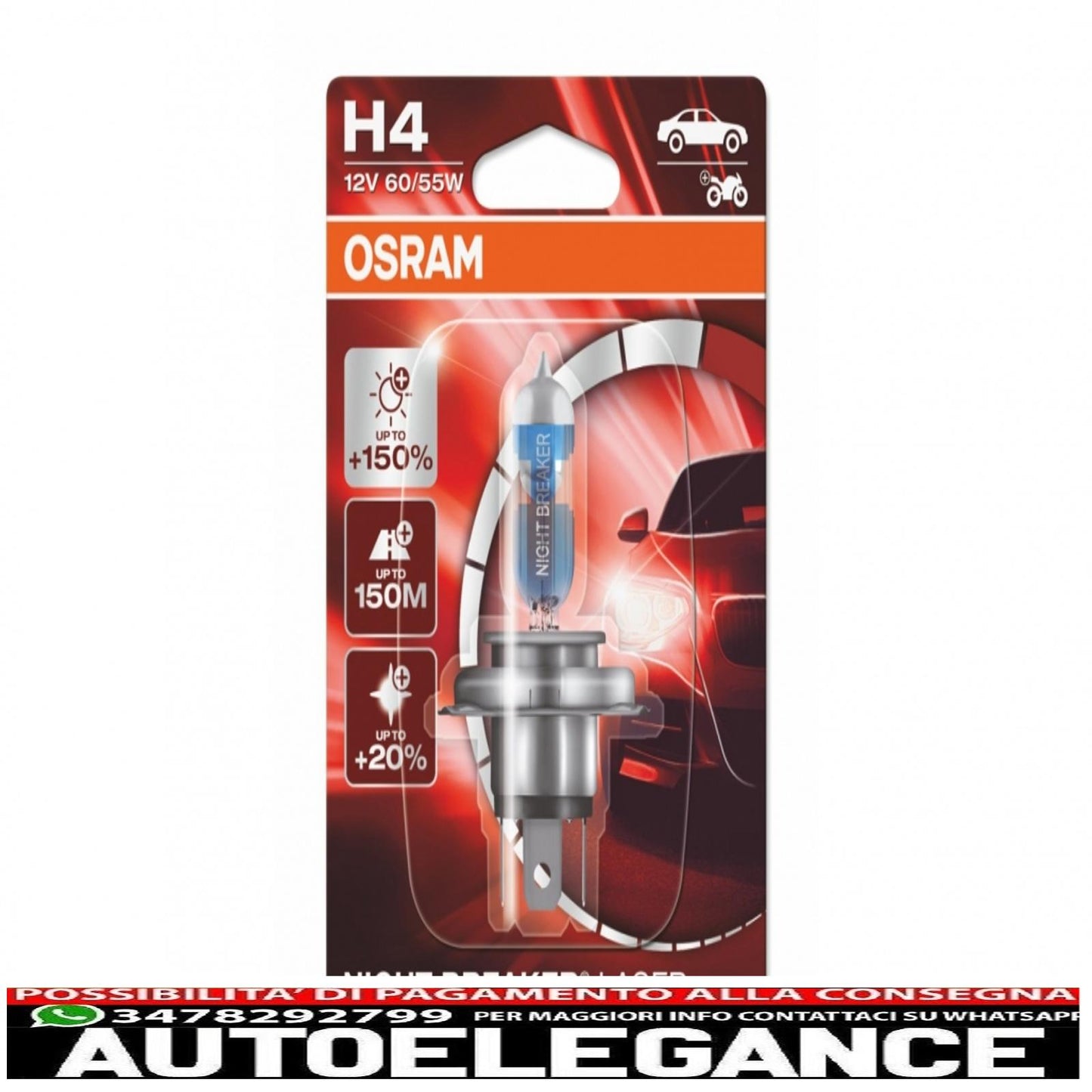 osram lampada frontale alogena night breaker laser h4 64193nl-01bf 12v 60/55w (1 pezzo - blister)
