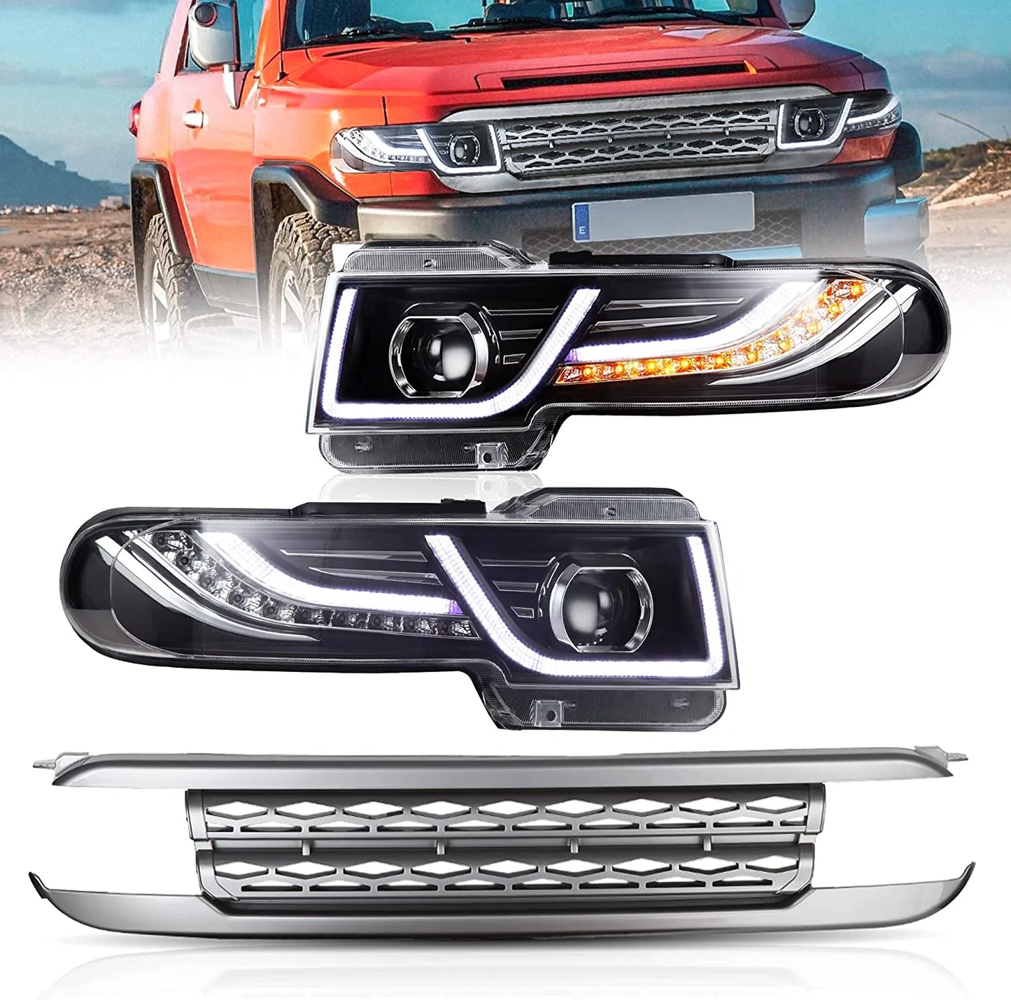 Black Grille LED Headlights Fit For Toyota FJ Cruiser 1st Generation 2007-2015 