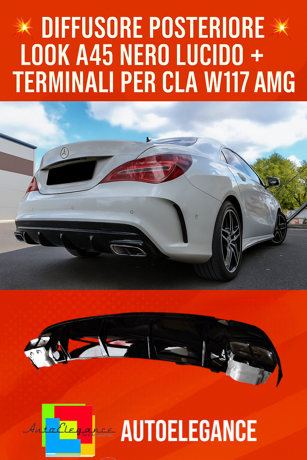 0986🔥DIFFUSORE POSTERIORE LOOK A45 NERO LUCIDO + TERMINALI PER CLA W117 AMG🔥