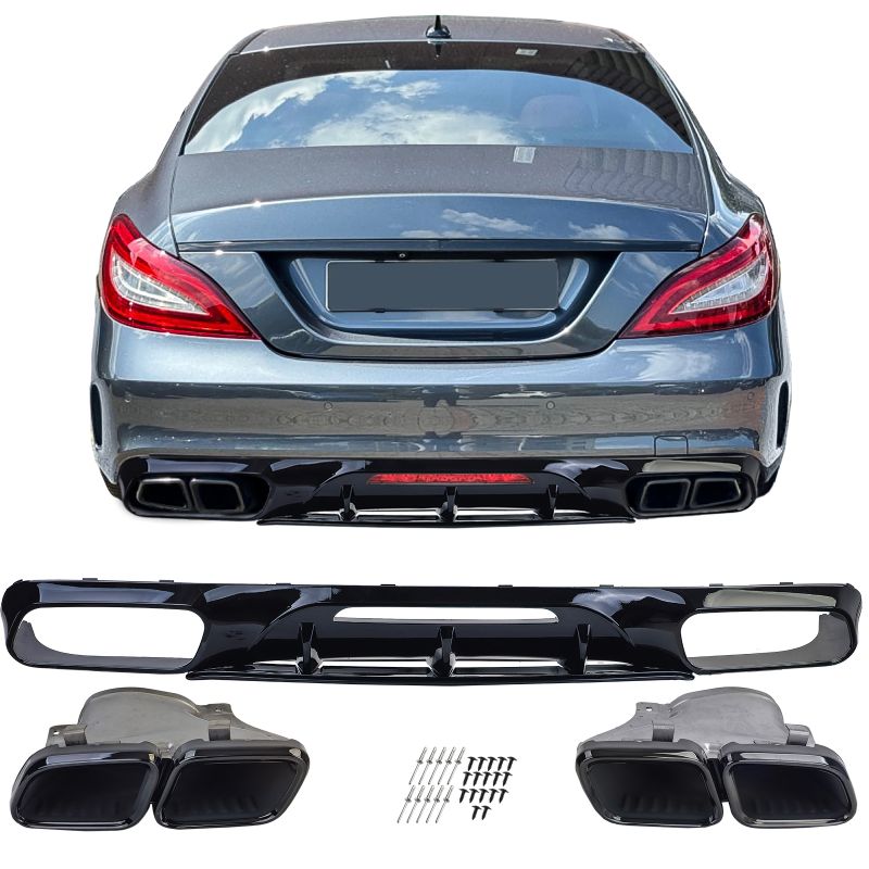 Diffusore Posteriore Sportivo Nero Lucido con Terminali Doppi Neri Mercedes CLS