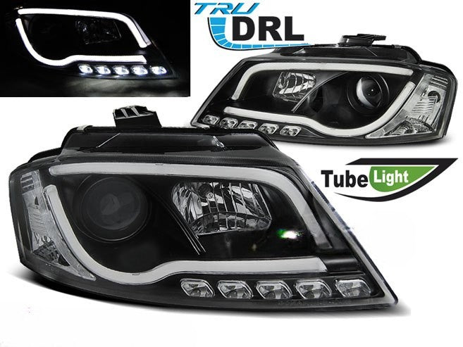 💫ART.5862 Fari anteriori TUBE LIGHT DRL neri adatti per Audi A3 8P 2008–2012💫