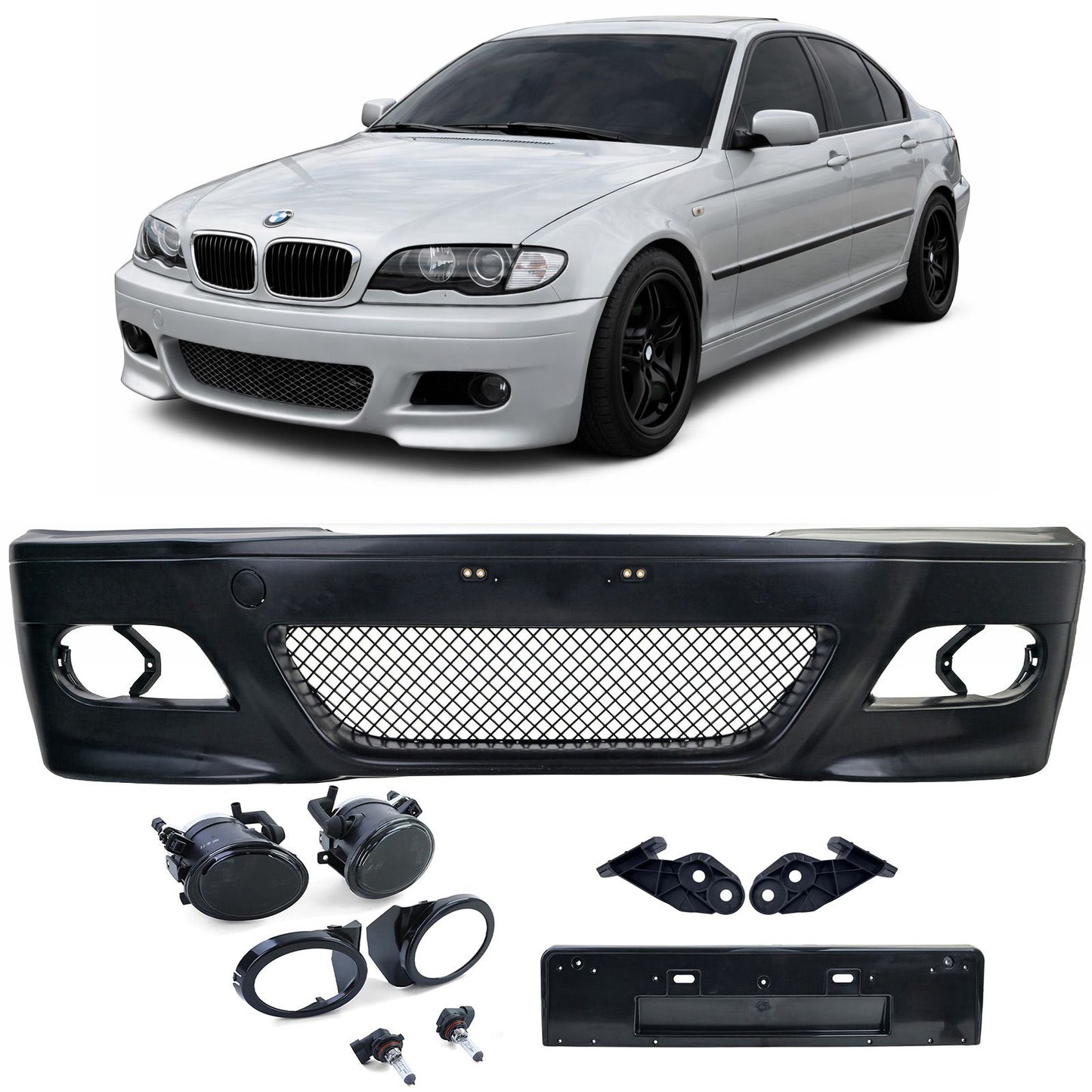 💫ART.7882 Paraurti Anteriore Sportivo + Fari Antinebbia Fumé per BMW E46 Serie 3💫