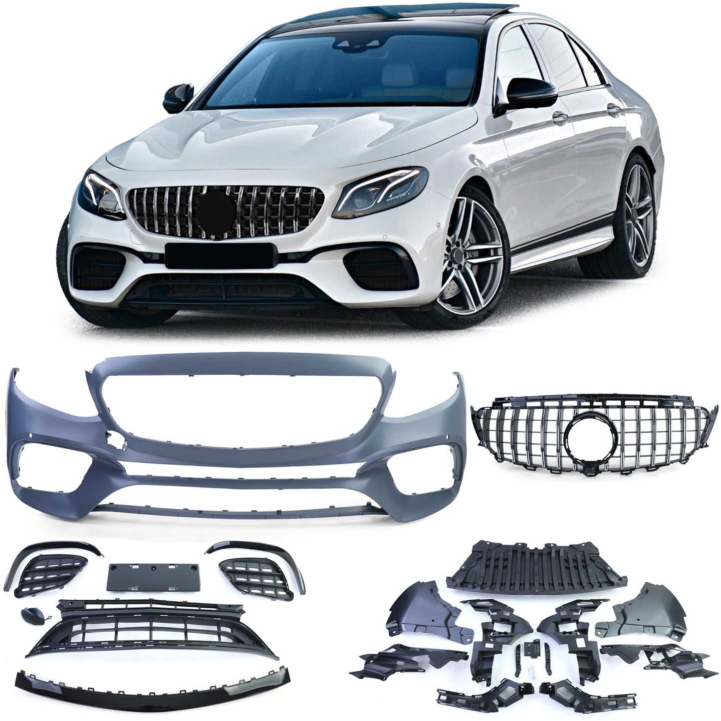 ⭐Paraurti Sportivo con Calandra Cromo Nero per Mercedes Classe E W213 16-20⭐