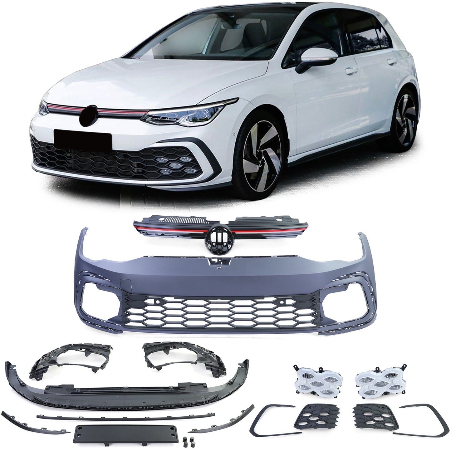 Paraurti Anteriore Sport con Calandra e LED Fendinebbia per VW Golf 8 anche GTI dal 19