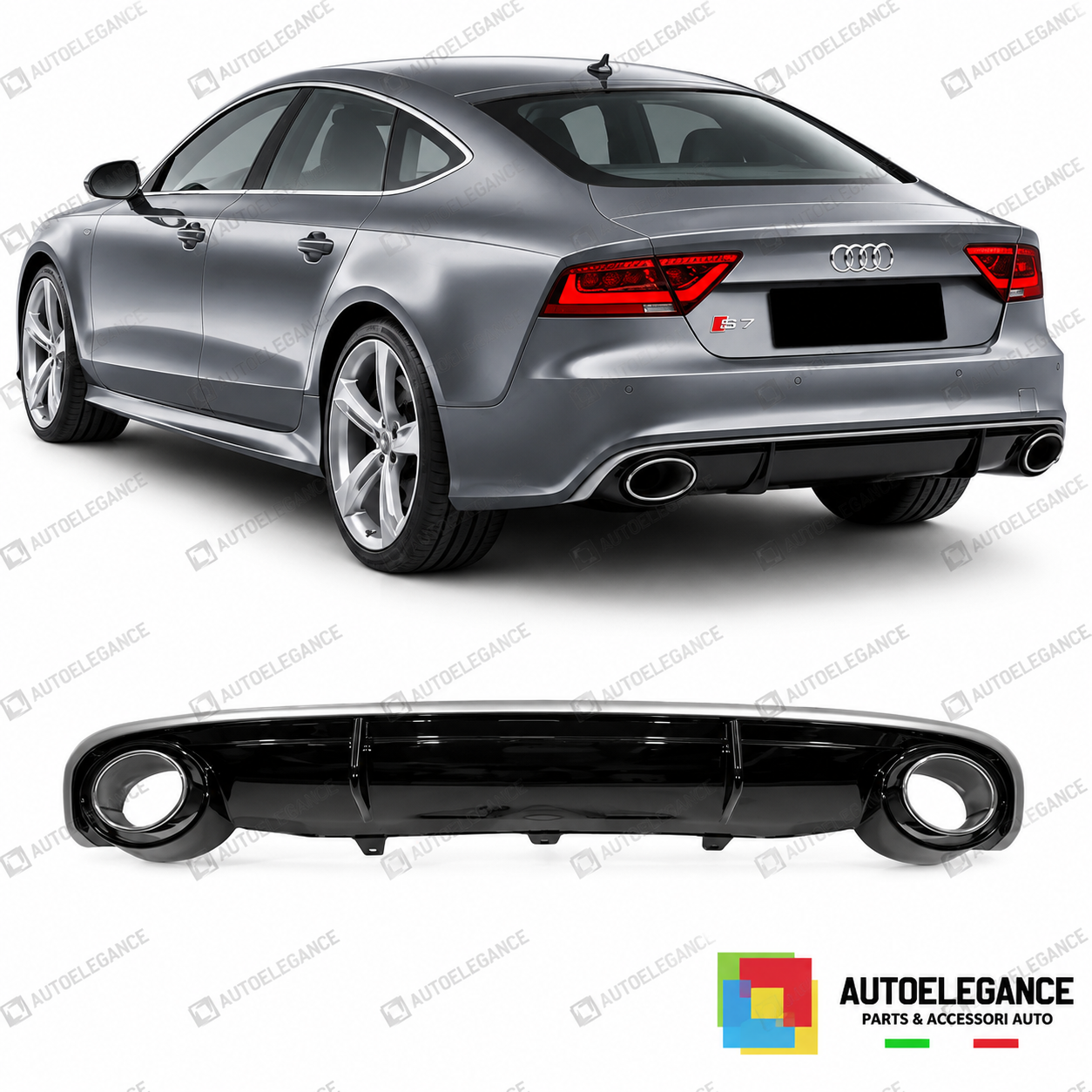 DIFFUSORE AUDI A7 12-15 LOOK RS7 + TERMINALI DI SCARICO NERO LUCIDO
