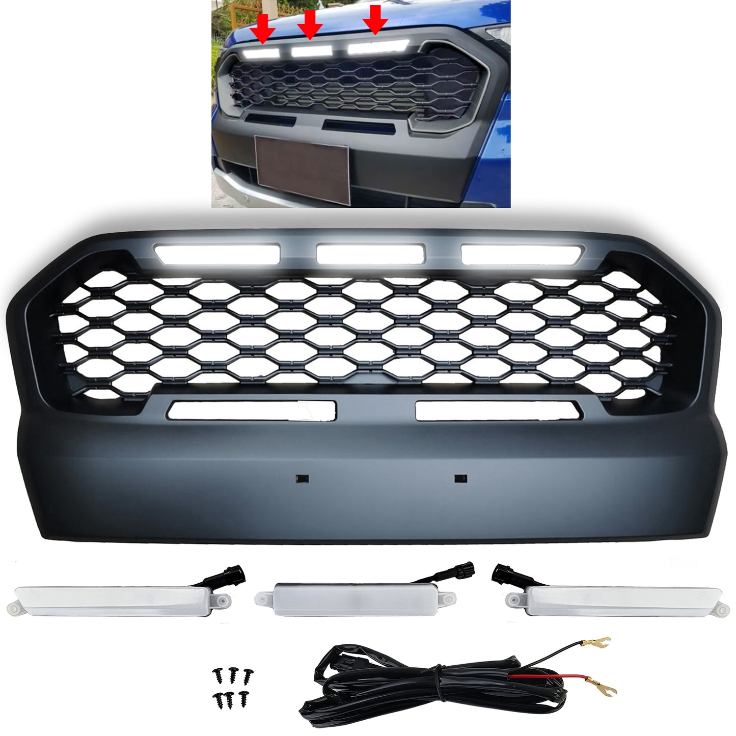 Griglia a nido d'ape Sport nera con LED per Ford Ranger T7 16-19 2.2 3.2