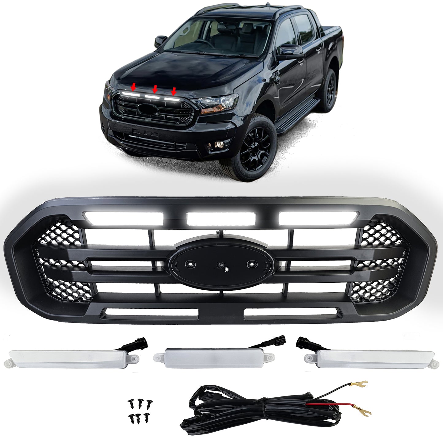 Griglia nera doppia barra con LED per Ford Ranger T8 19-23 2.0 TDCi