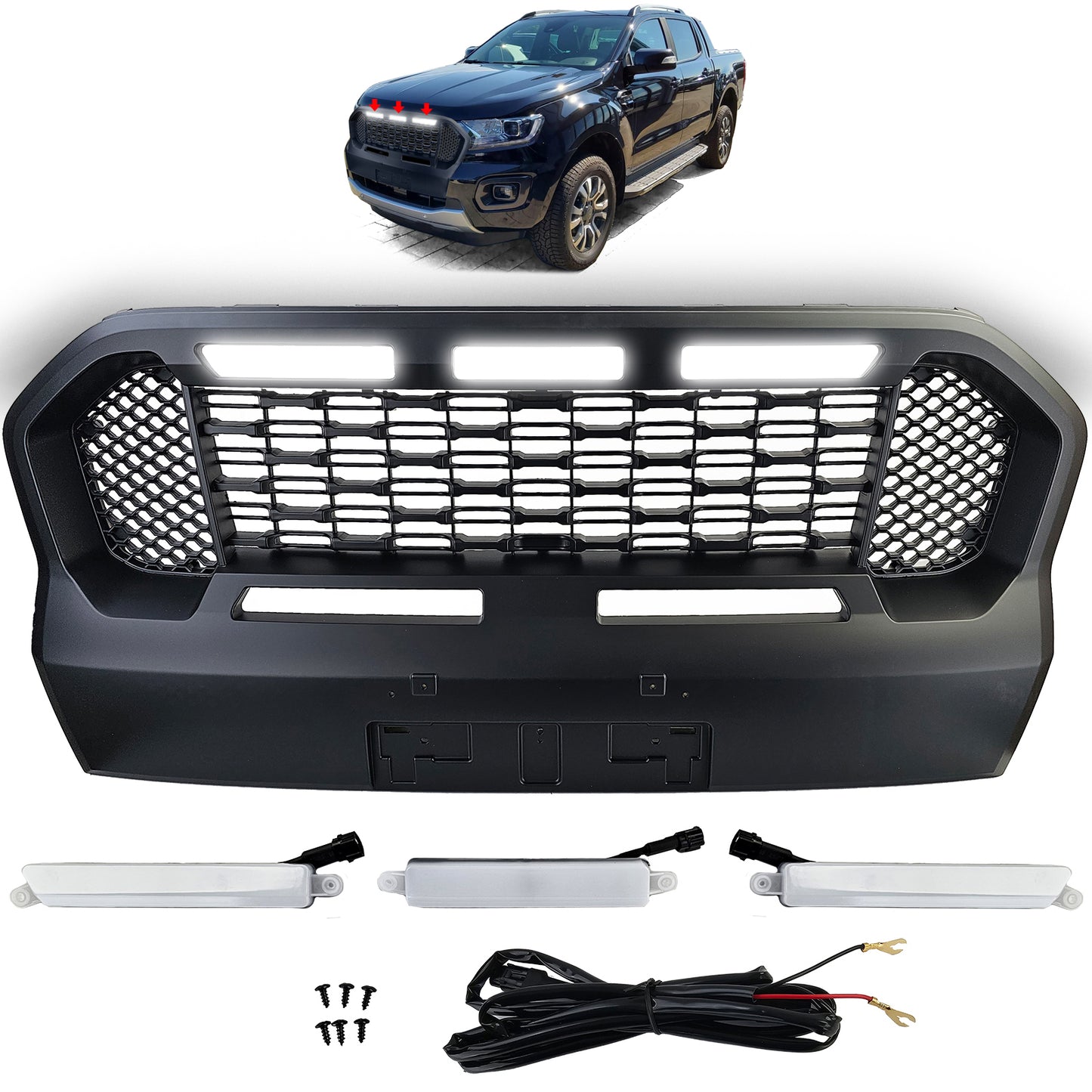 Griglia a nido d'ape Performance nera con LED adatta per Ford Ranger T8 19-23