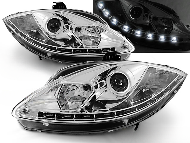 FARI ANTERIORI TRUE DRL CROMATI per SEAT LEON ALTEA 09-12