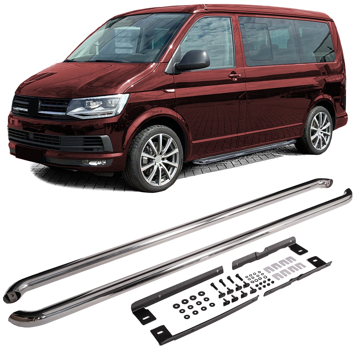 ✨Pedane Tubi Laterali Acciaio Inox Lucido Per VW T5 T6 T6.1✨