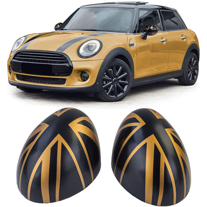 Union Jack Black Gold Mirror Caps Fits Mini F54 F55 F56 F57 13-18