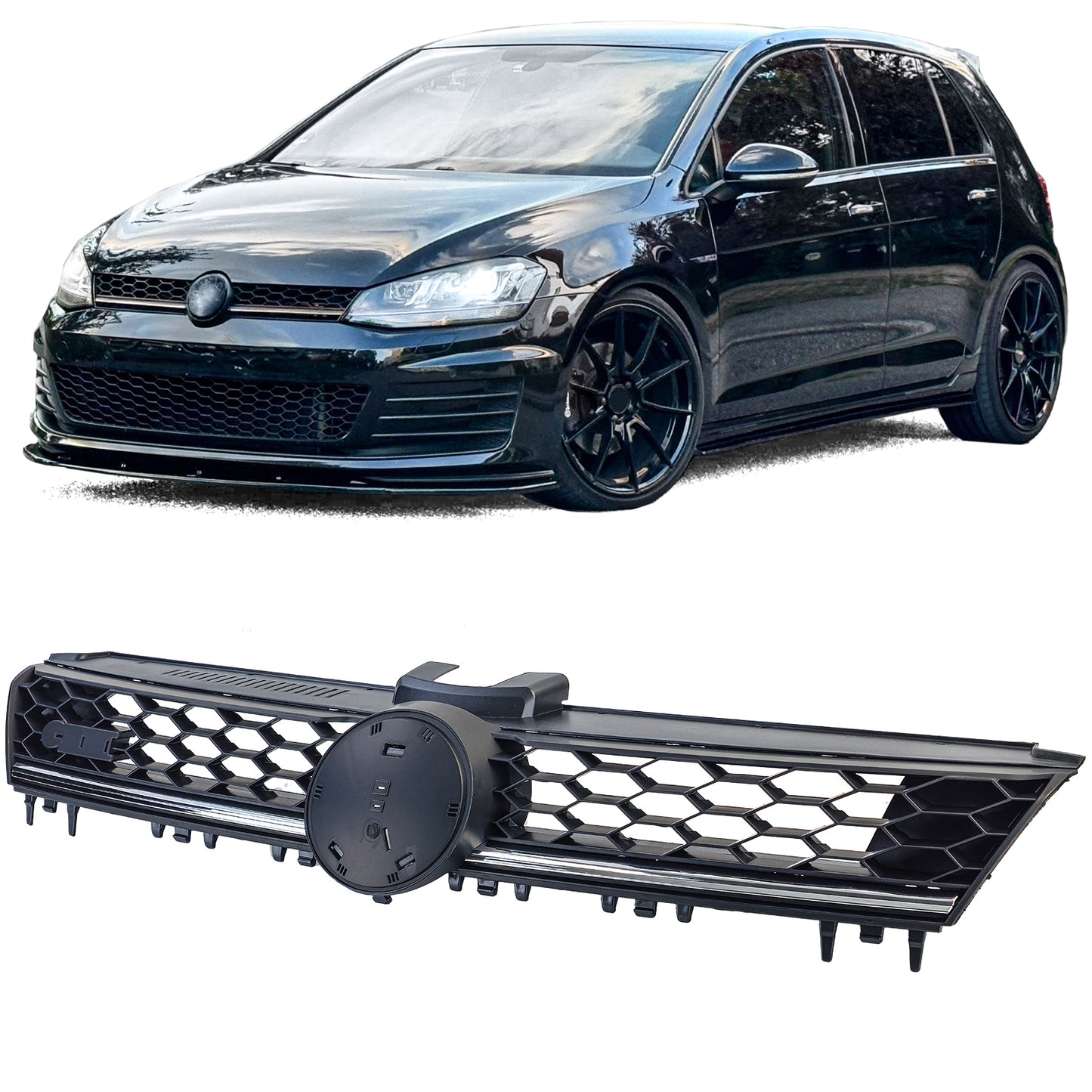 ⭐Griglia a nido d'ape nera con striscia cromata per VW Golf 7 12-20 ⭐