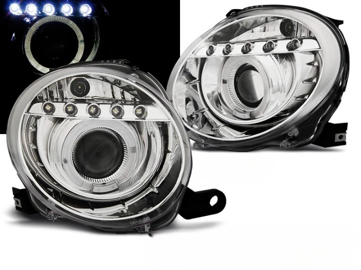 💫ART.6336 FARI 'OCCHI D'ANGELO' PROIETTORE CROMATO LED per FIAT 500 2007-2015 💫