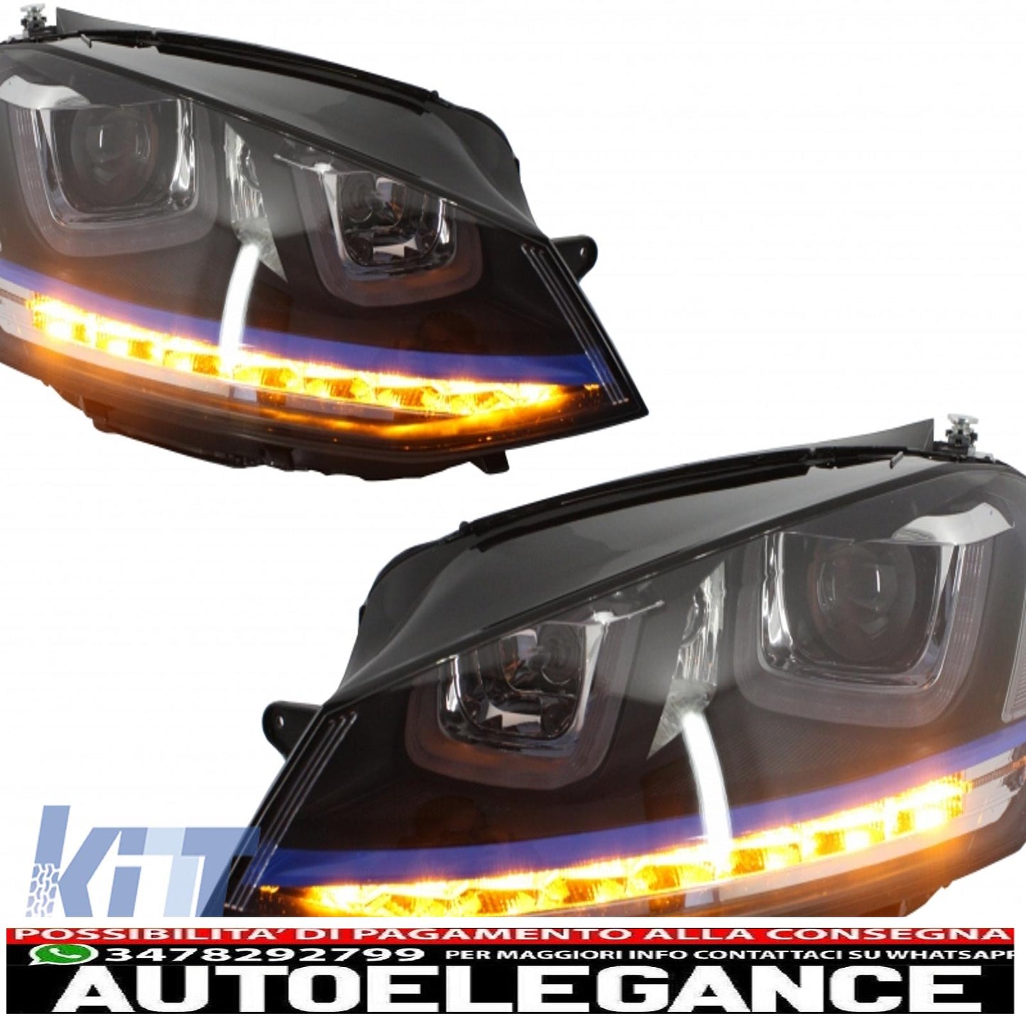 3d led headlight assembly drl turn signal with grille suitable for vw golf 7 vii (2012-2017) blue gte look 
