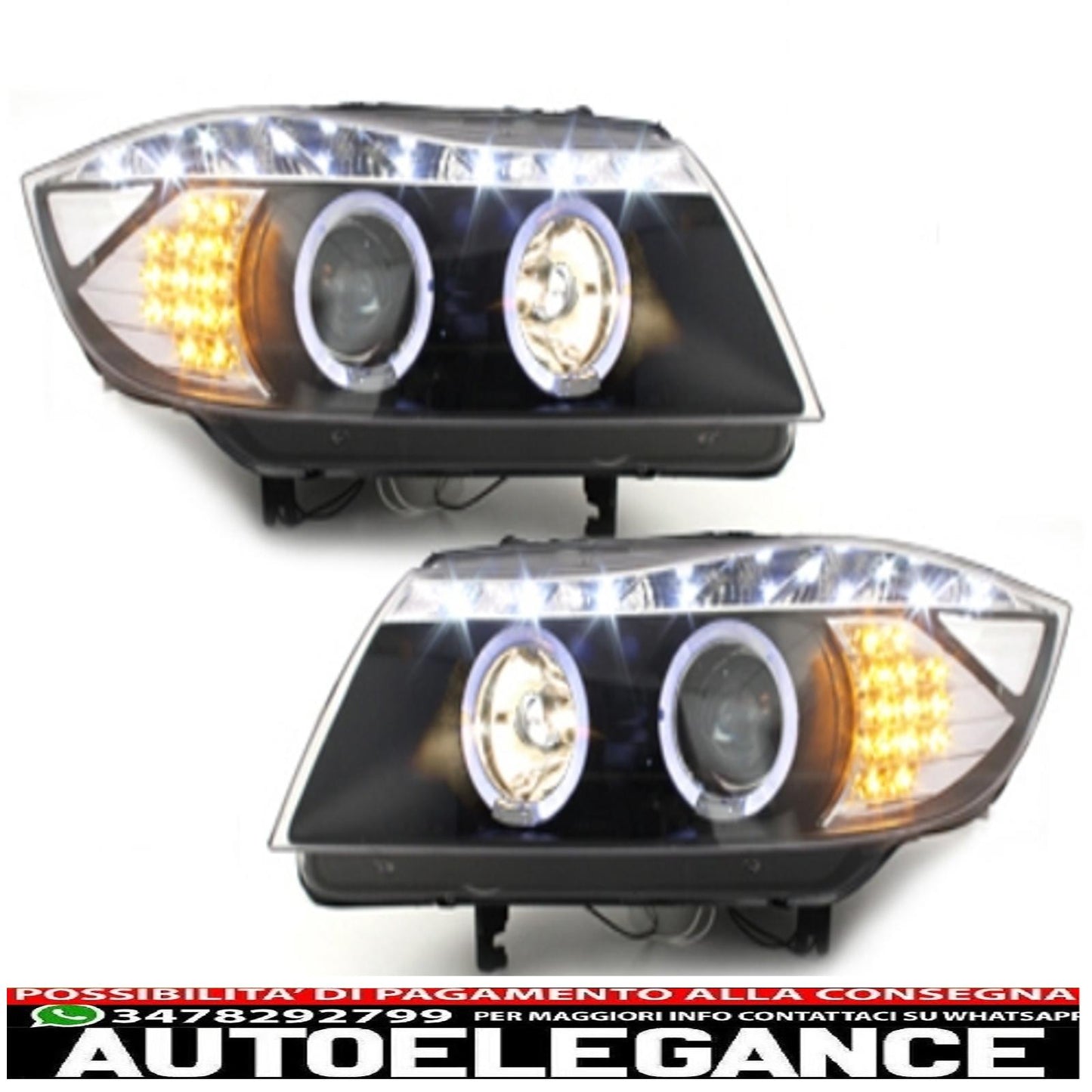 dayline headlights suitable for bmw e90 e91 05+ 2 halo rims drl led optics black